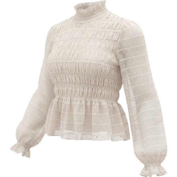 Cider Tops - Cider Cream Smocked Peplum Blouse sz M Mock Neck Swiss Dot Embroidered Romantic